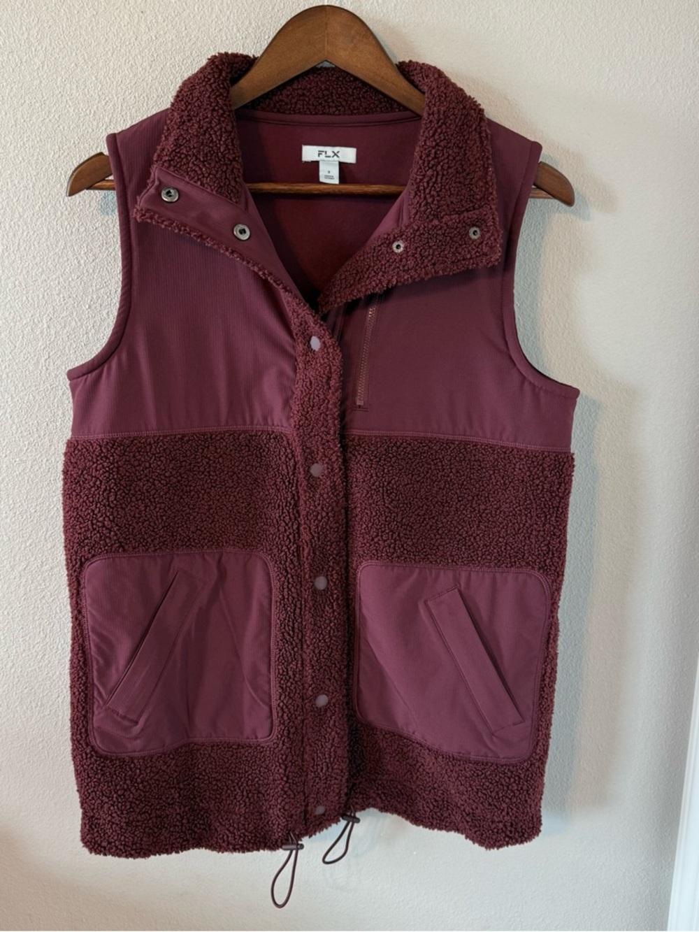 FLX Women's Size S Boucle Mixed Media Snap Front Vest Knit Fleece Maroon
